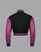 Women’s Black & Pink Varsity Jacket – Snap Button Bomber
