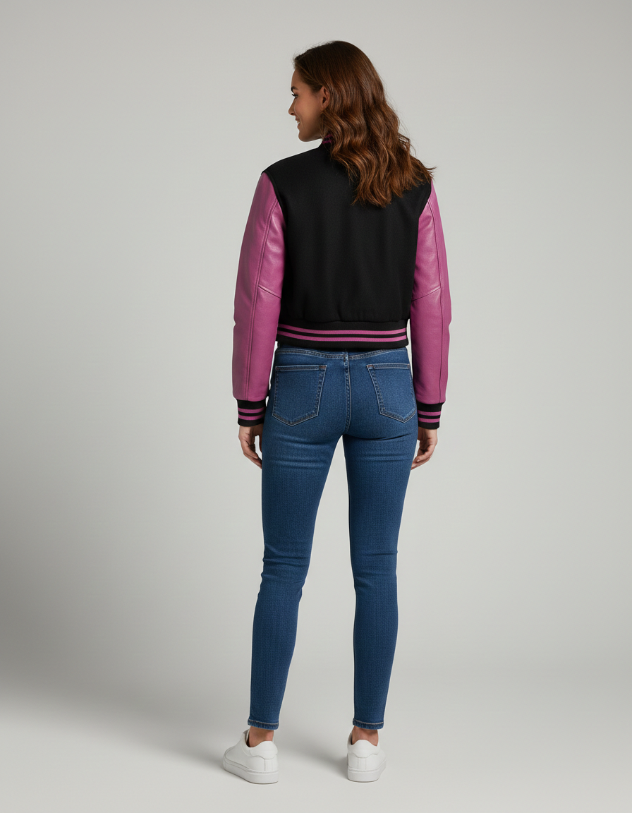 Women’s Black & Pink Varsity Jacket – Snap Button Bomber