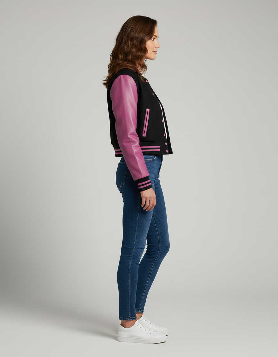 Women’s Black & Pink Varsity Jacket – Snap Button Bomber