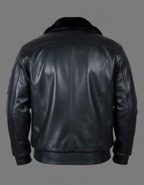 Stealth Squadron Black Leather Bomber Jacket – Aviator Fur Collar
