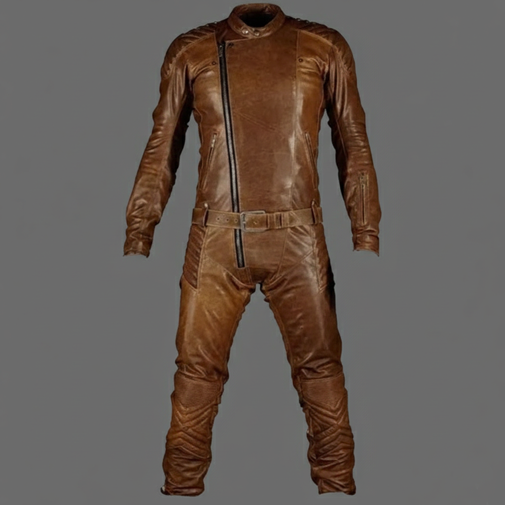 Men’s Brown Leather Racing Jumpsuit – Vintage Biker Moto Suit