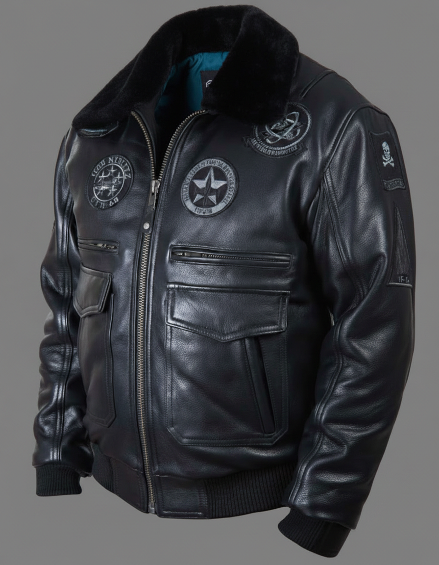Stealth Squadron Black Leather Bomber Jacket – Aviator Fur Collar