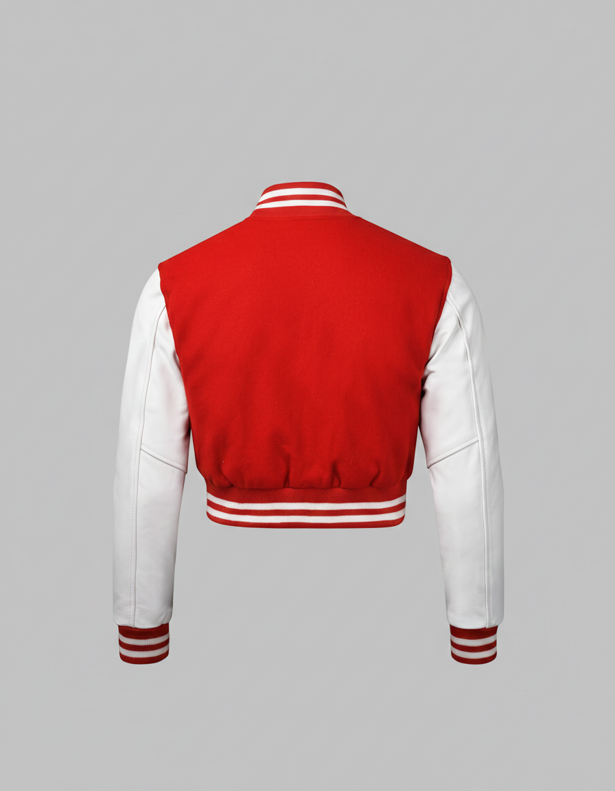 Women’s Red & White Varsity Jacket – Button Closure Ribbed Trim Bomber