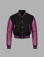 Women’s Black & Pink Varsity Jacket – Snap Button Bomber