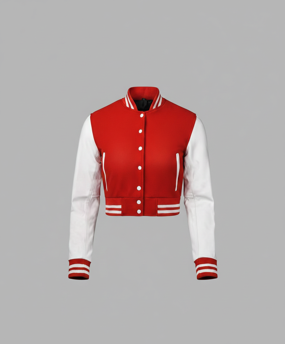 Women’s Red & White Varsity Jacket – Button Closure Ribbed Trim Bomber
