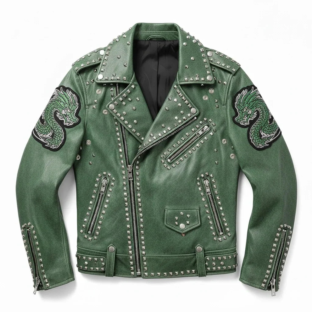 Green Punk-Style Studded Jacket with Dragon Patchwork