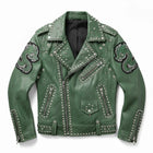 Green Punk-Style Studded Jacket with Dragon Patchwork
