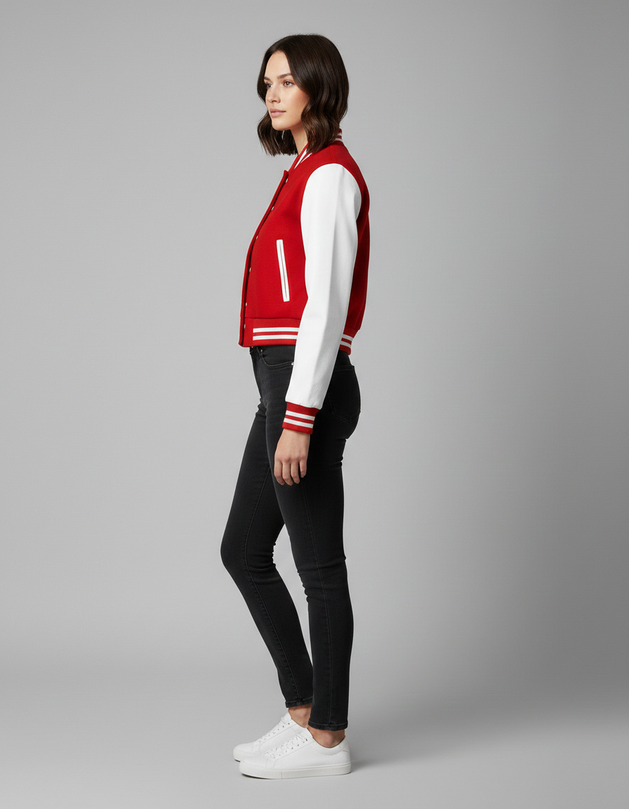 Women’s Red & White Varsity Jacket – Button Closure Ribbed Trim Bomber