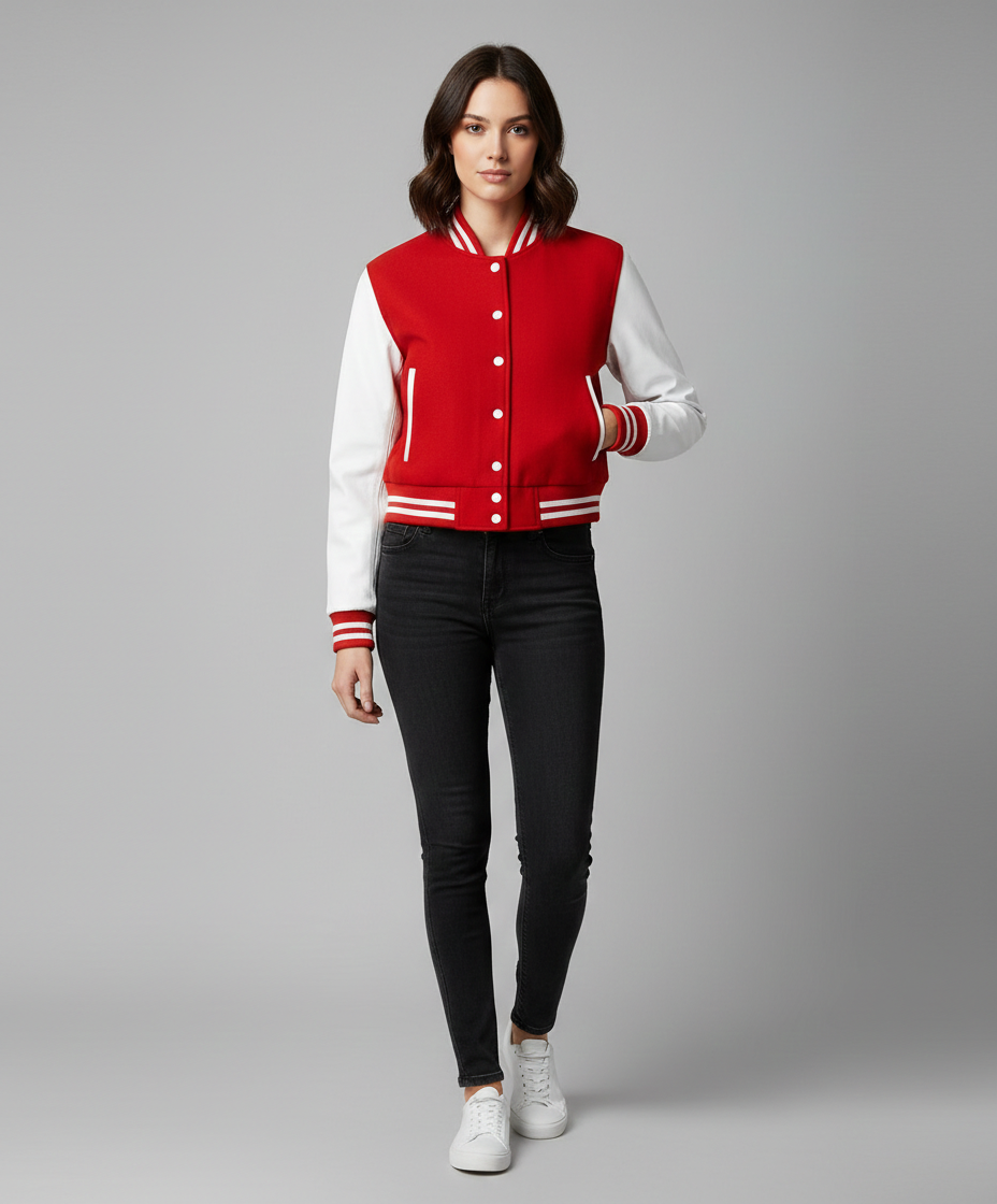 Women’s Red & White Varsity Jacket – Button Closure Ribbed Trim Bomber