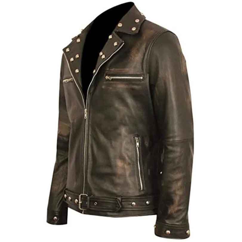 Mens Distressed Brown Embroidery Snakes Studded Leather Jacket