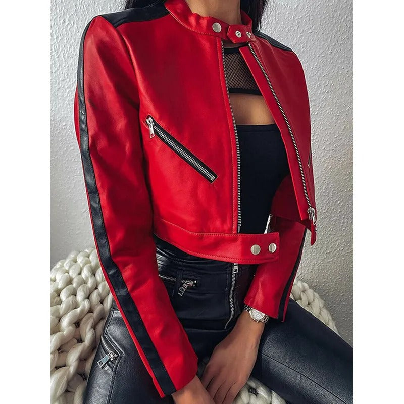 Genuine Lambskin Slim Fit Biker Motorcycle Coat - Women's Red Leather Jacket