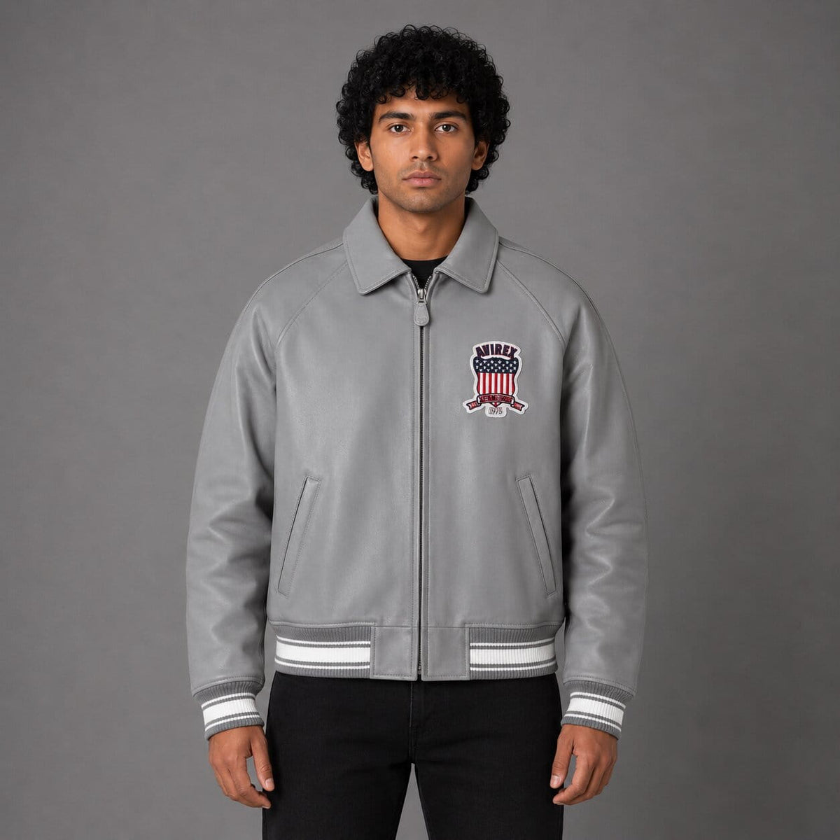 Avirex Grey Sheepskin Leather Flight Varsity Jacket Men