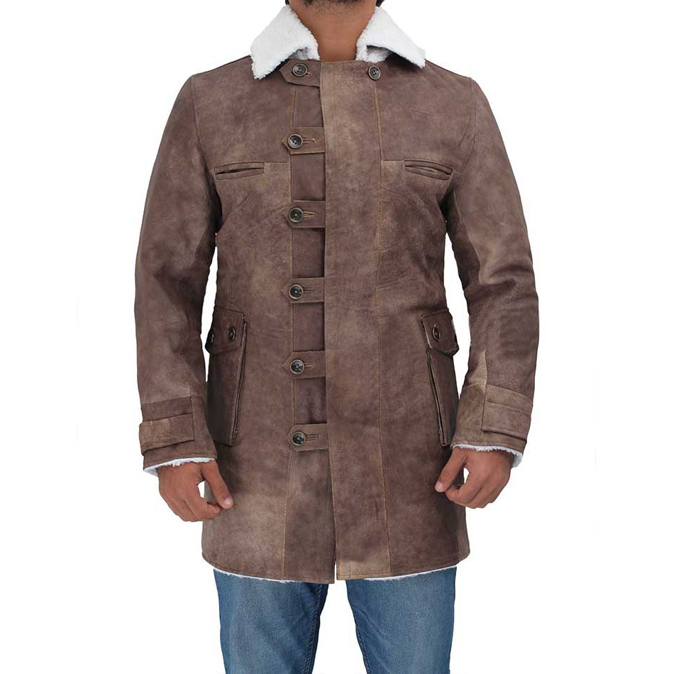 Mens Sherpa Brown Swedish Bomber Distressed Leather Coat