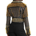 Women Gold Studded Leather Moto Jacket