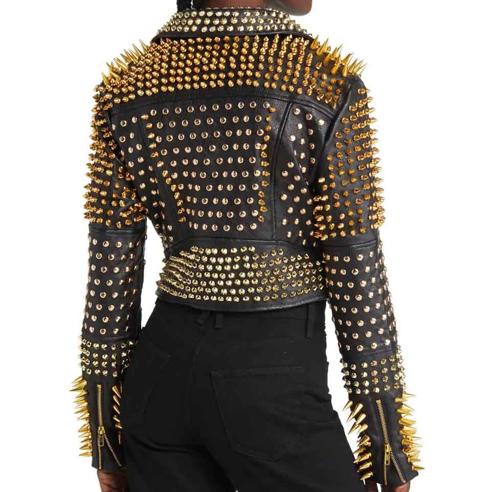 Women Gold Studded Leather Moto Jacket