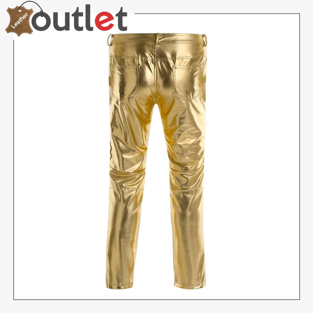 Golden Color Disco Night Club Leather Metallic Straight Pant Trouser