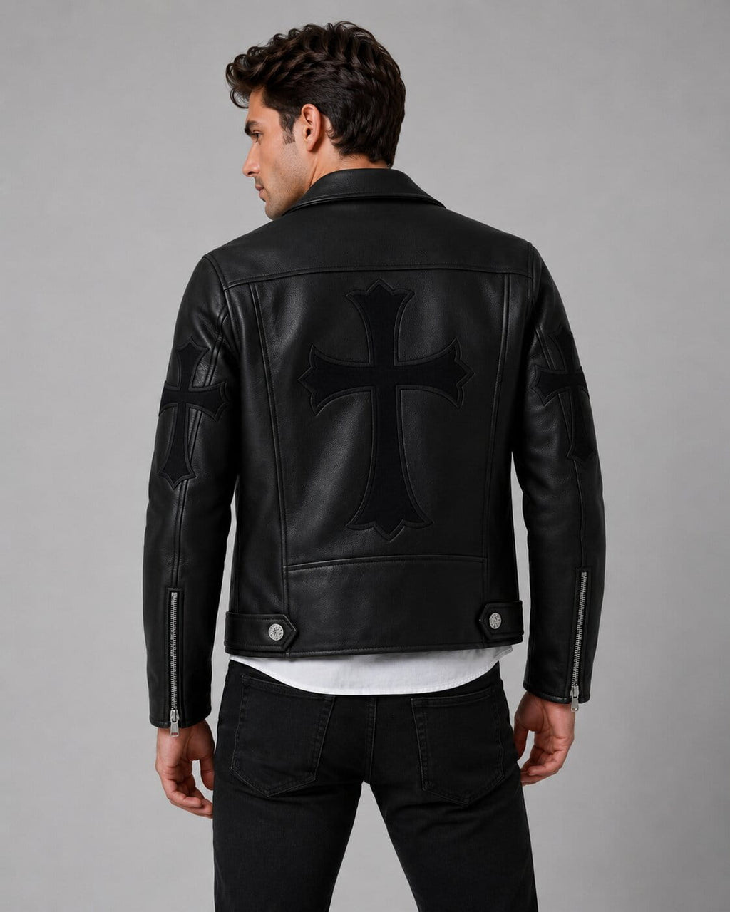 Gothic Cross Leather Biker Jacket Handmade Punk Rock Outerwear