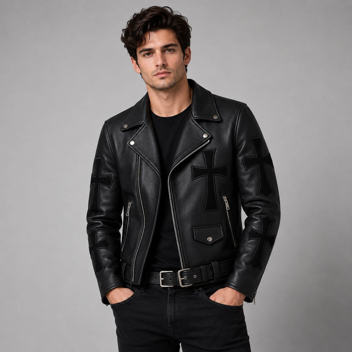 Gothic Cross Leather Biker Jacket Handmade Punk Rock Outerwear