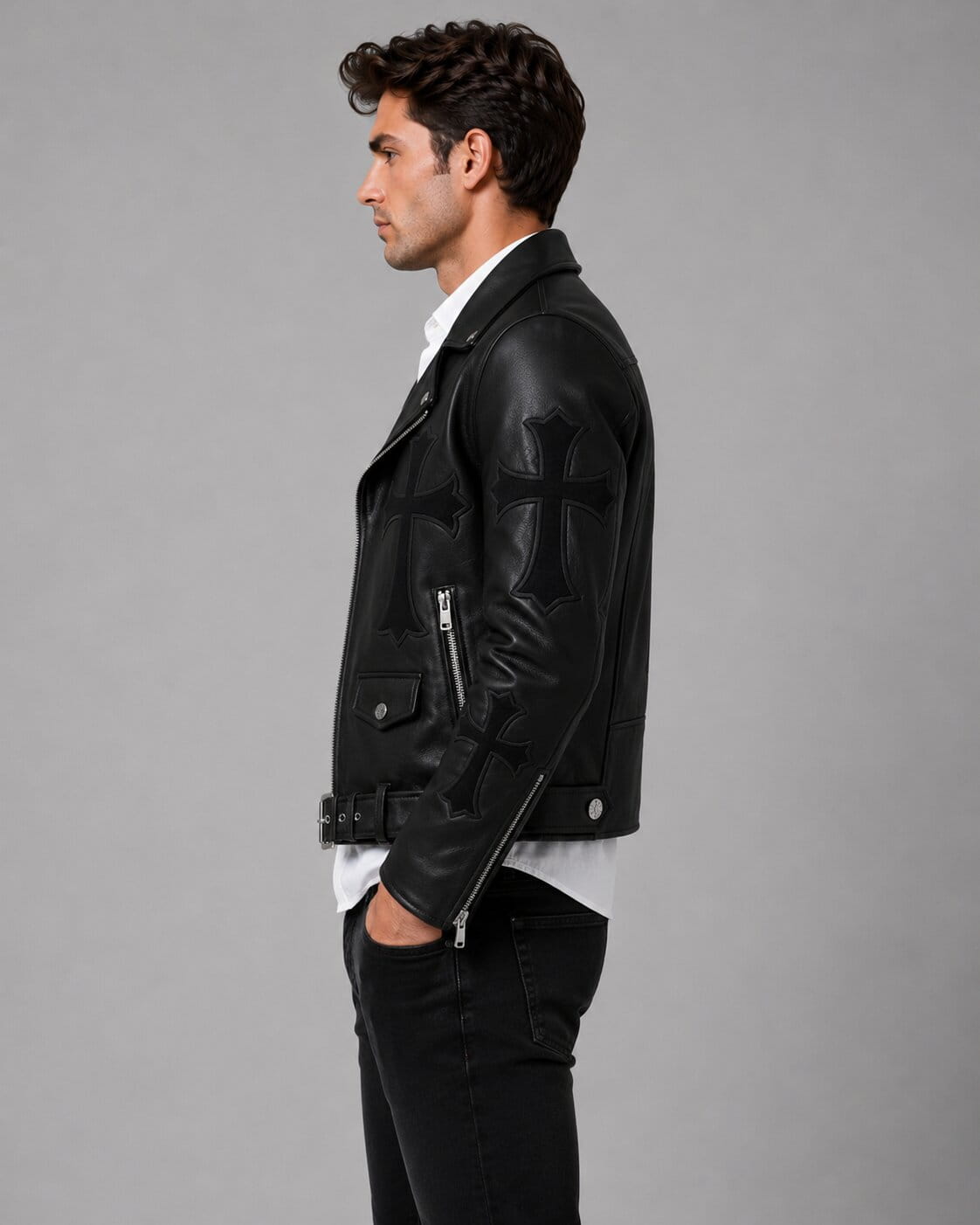 Gothic Cross Leather Biker Jacket Handmade Punk Rock Outerwear