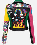 Graffiti Printed Cropped Leather Bikers Jacket