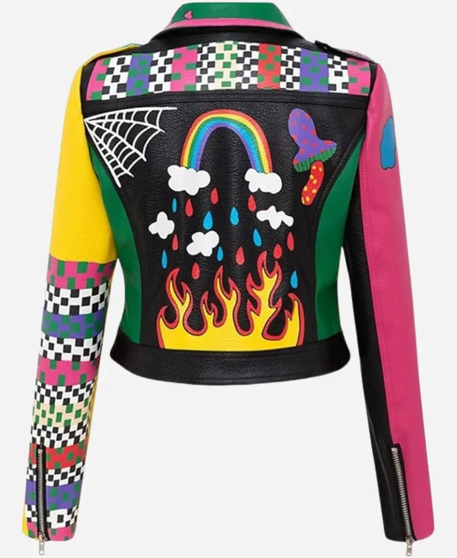 Graffiti Printed Cropped Leather Bikers Jacket
