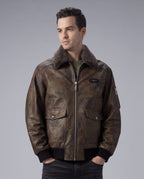 Green G-1 Navy Leather Flight Jacket with Removable Fur Collar