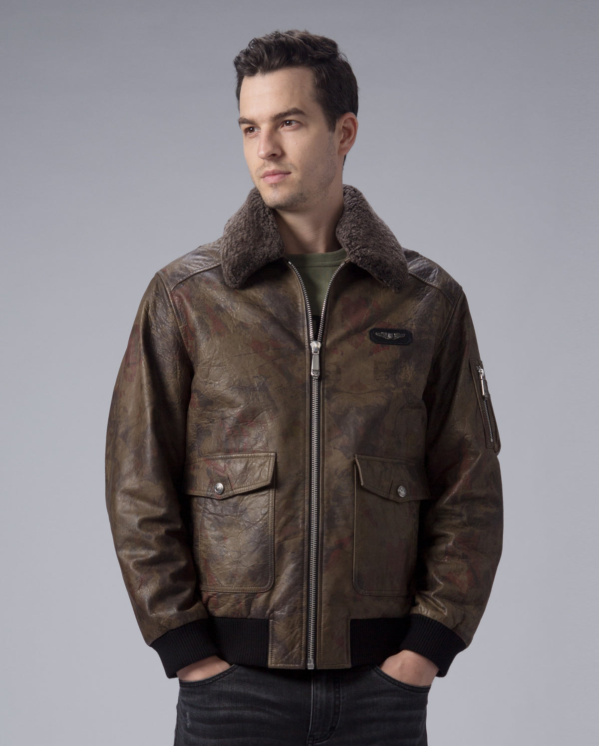 Green G-1 Navy Leather Flight Jacket with Removable Fur Collar