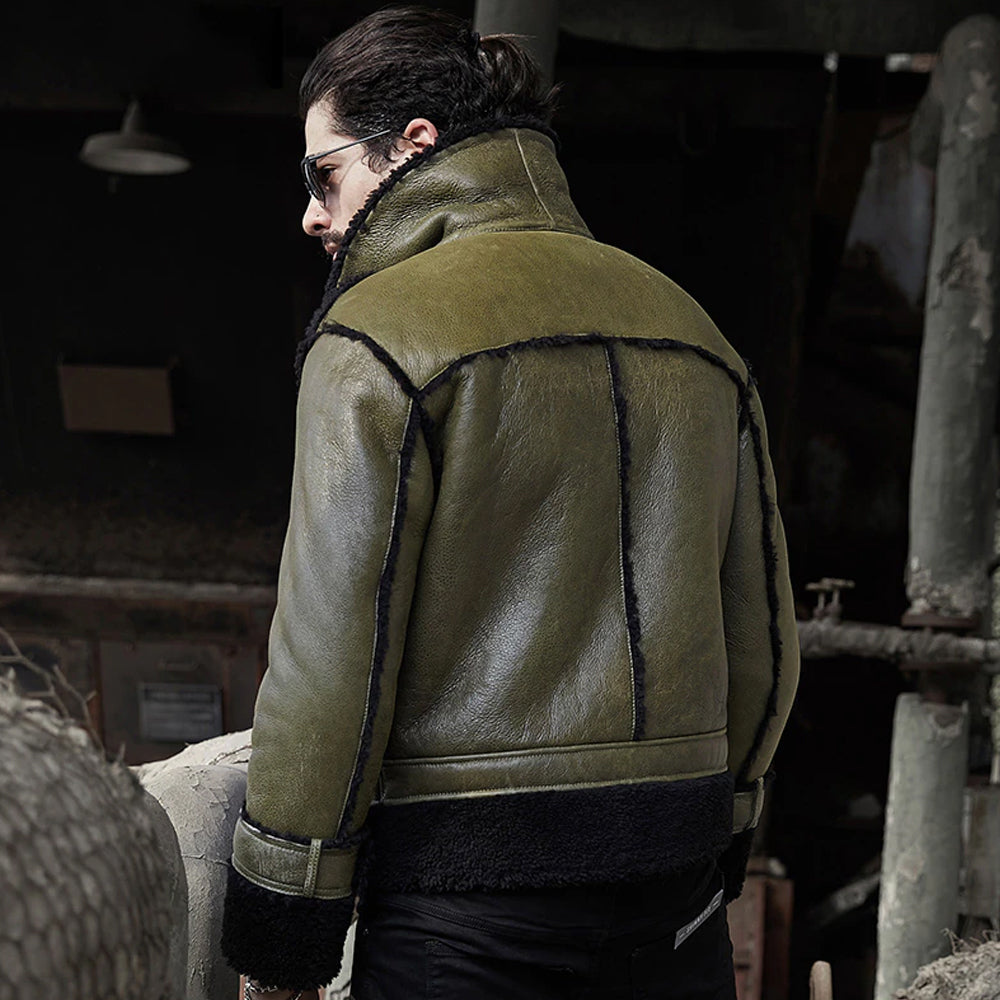 Green Men's Shearling Jacket Genuine Sheepskin Jacket Coat