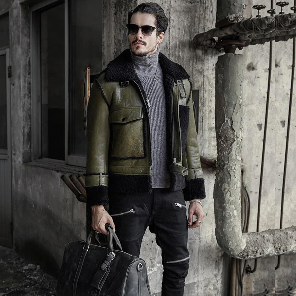 Green Men's Shearling Jacket Genuine Sheepskin Jacket Coat