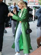Hailey Bieber LA Green Faux Leather Street Style Coat