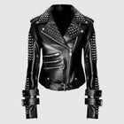 Women Black Punk Silver Spiked Studded Leather Jacket