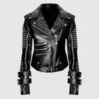 Women Black Punk Silver Spiked Studded Leather Jacket