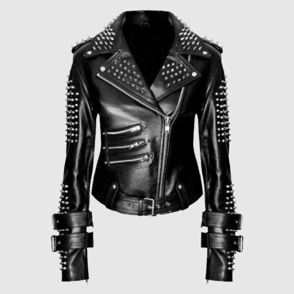 Women Black Punk Silver Spiked Studded Leather Jacket