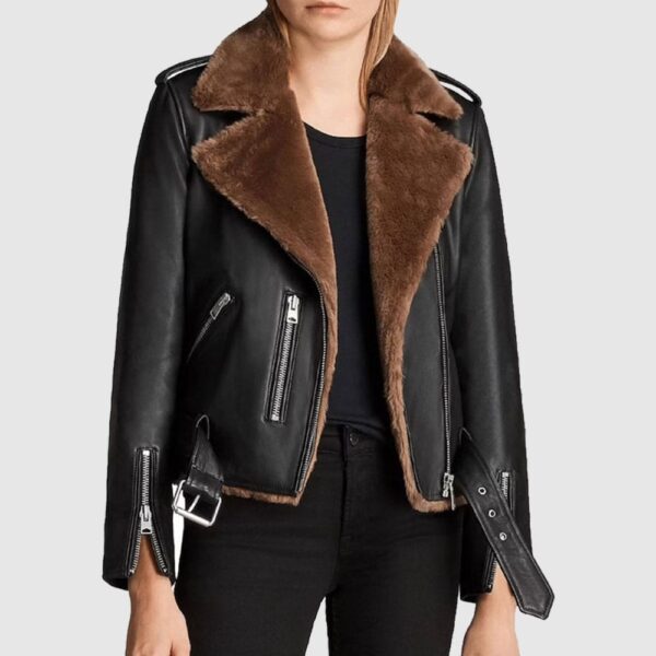 Women Shearling Fur Aviator Jacket Slim Fit Genuine Leather