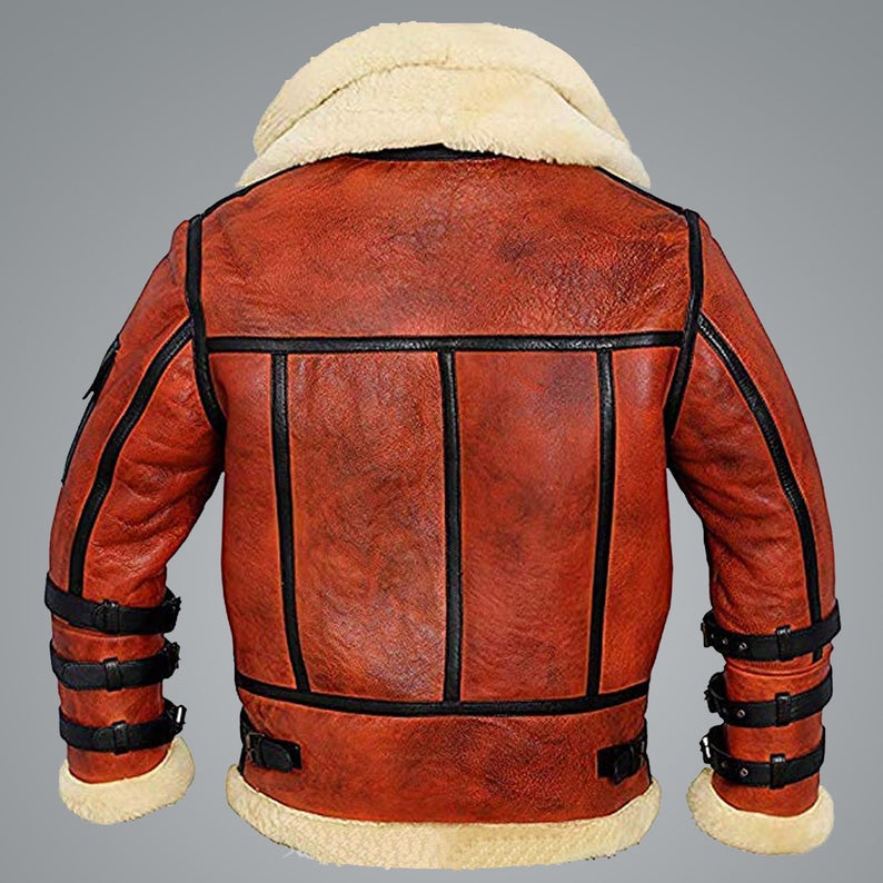Sheepskin Aviator RAF Men B6 Waxed Bomber Shearling Leather Jacket Coat