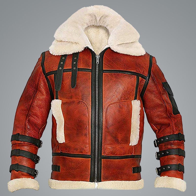 Sheepskin Aviator RAF Men B6 Waxed Bomber Shearling Leather Jacket Coat