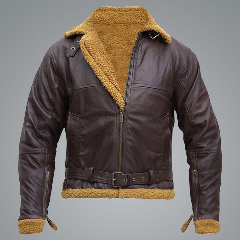 B3 Men's Flying Aviator Winter Sheepskin Shearling Bomber Leather Jacket