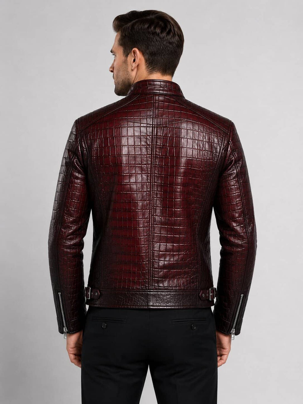 Handmade Black Burgundy Crocodile Embossed Biker Jacket