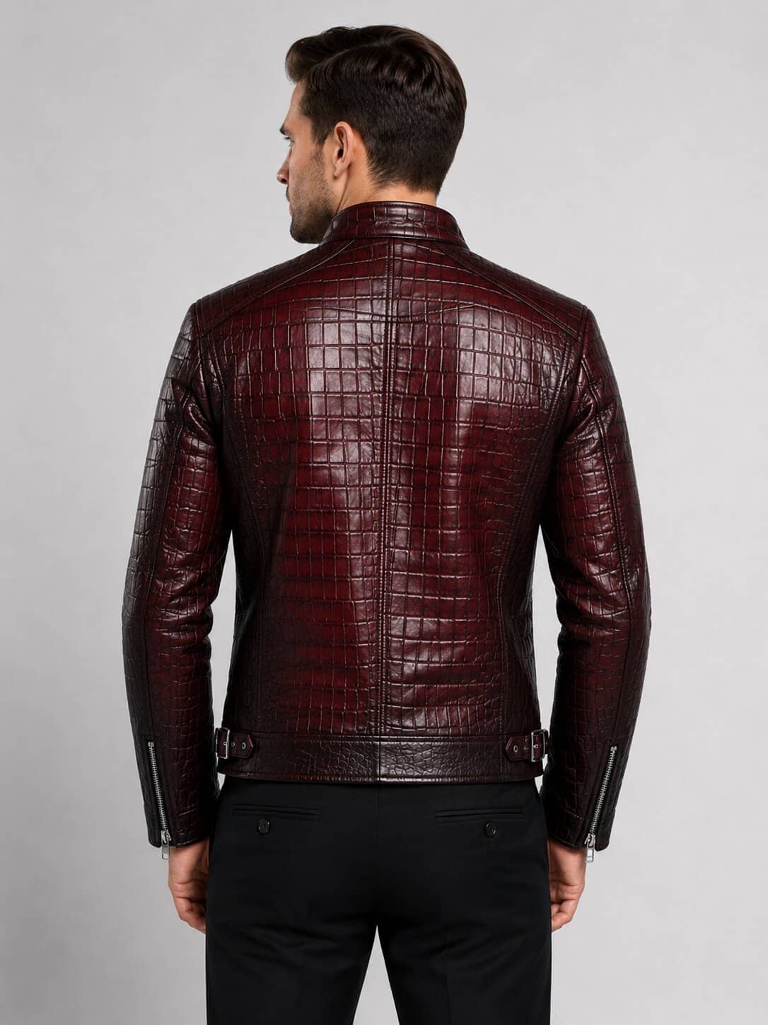 Handmade Black Burgundy Crocodile Embossed Biker Jacket