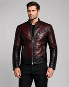 Handmade Black Burgundy Crocodile Embossed Biker Jacket