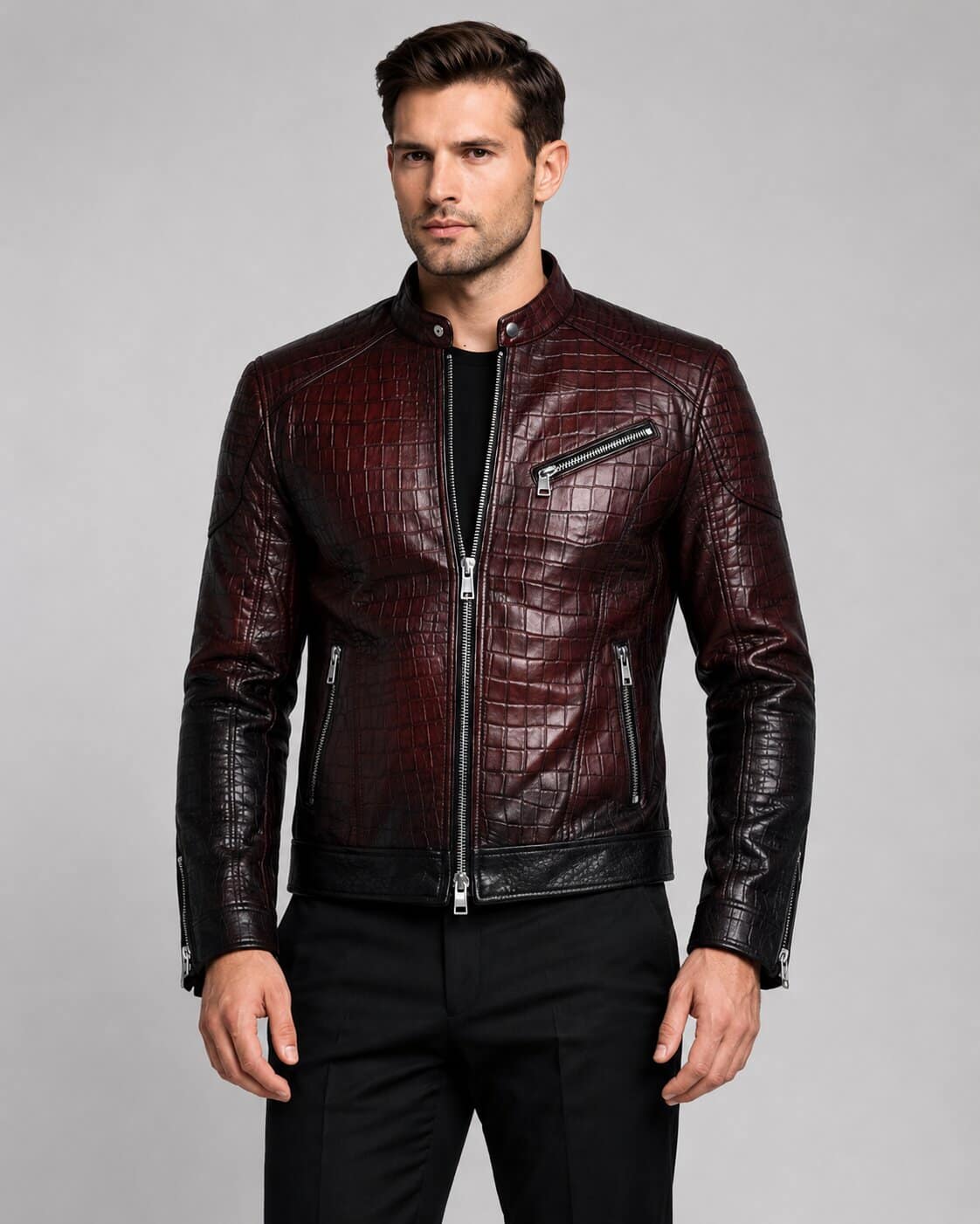 Handmade Black Burgundy Crocodile Embossed Biker Jacket