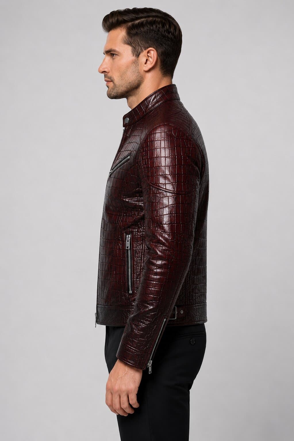 Handmade Black Burgundy Crocodile Embossed Biker Jacket
