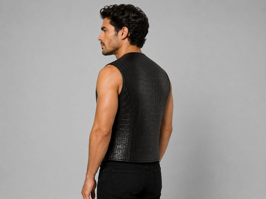 Handmade Black Crocodile Embossed Leather Vest for Men