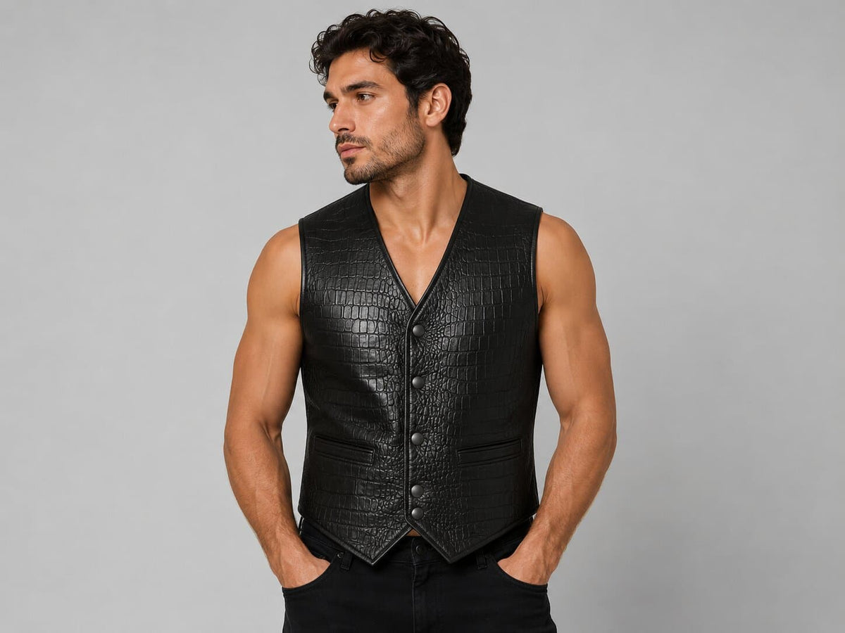 Handmade Black Crocodile Embossed Leather Vest for Men