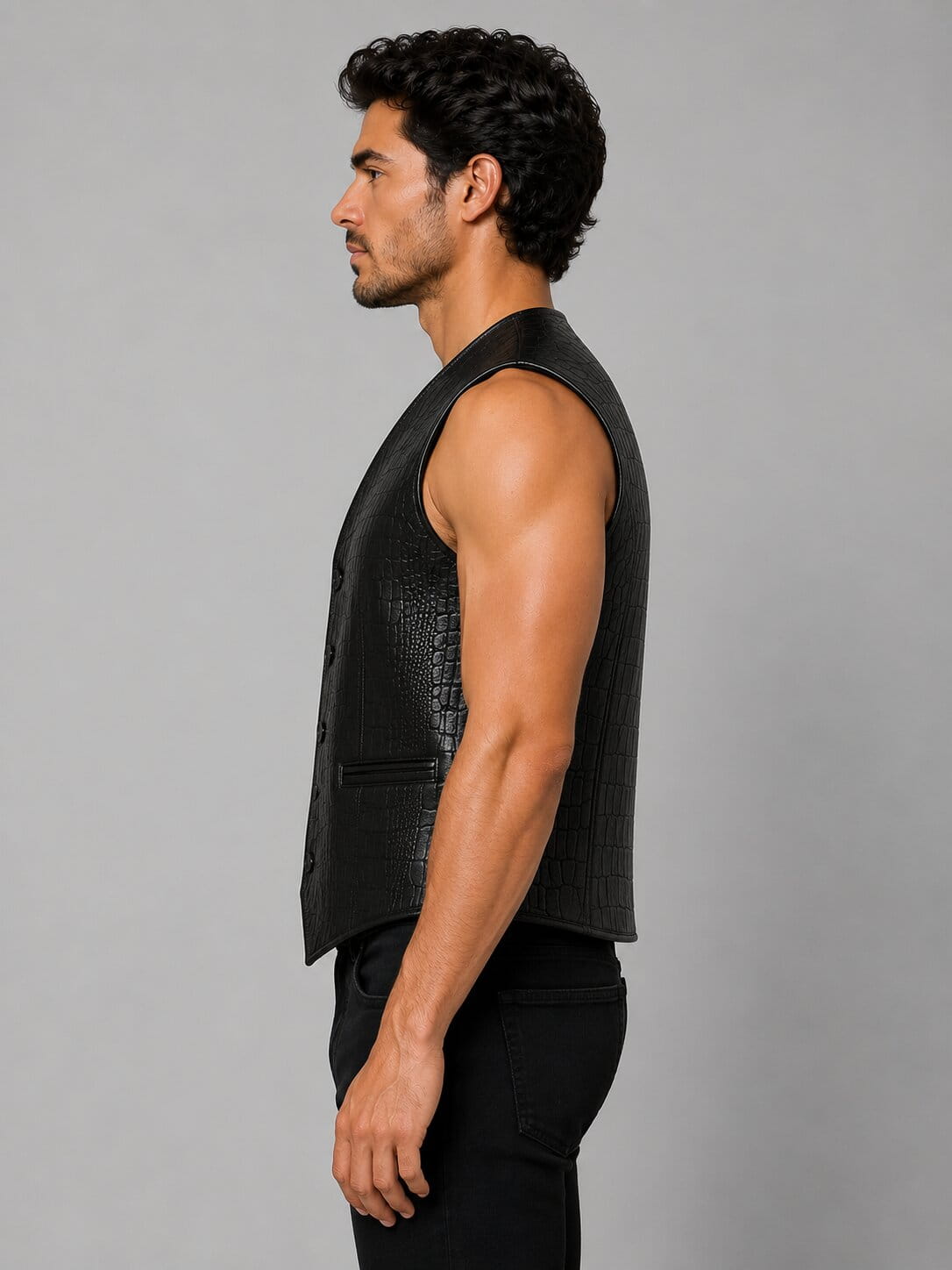 Handmade Black Crocodile Embossed Leather Vest for Men