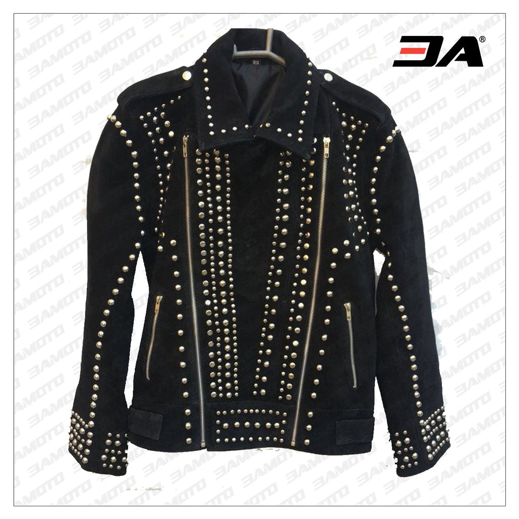 Handmade Black Punk Style Studded Jackets, Suede Studded Jackets For Men
