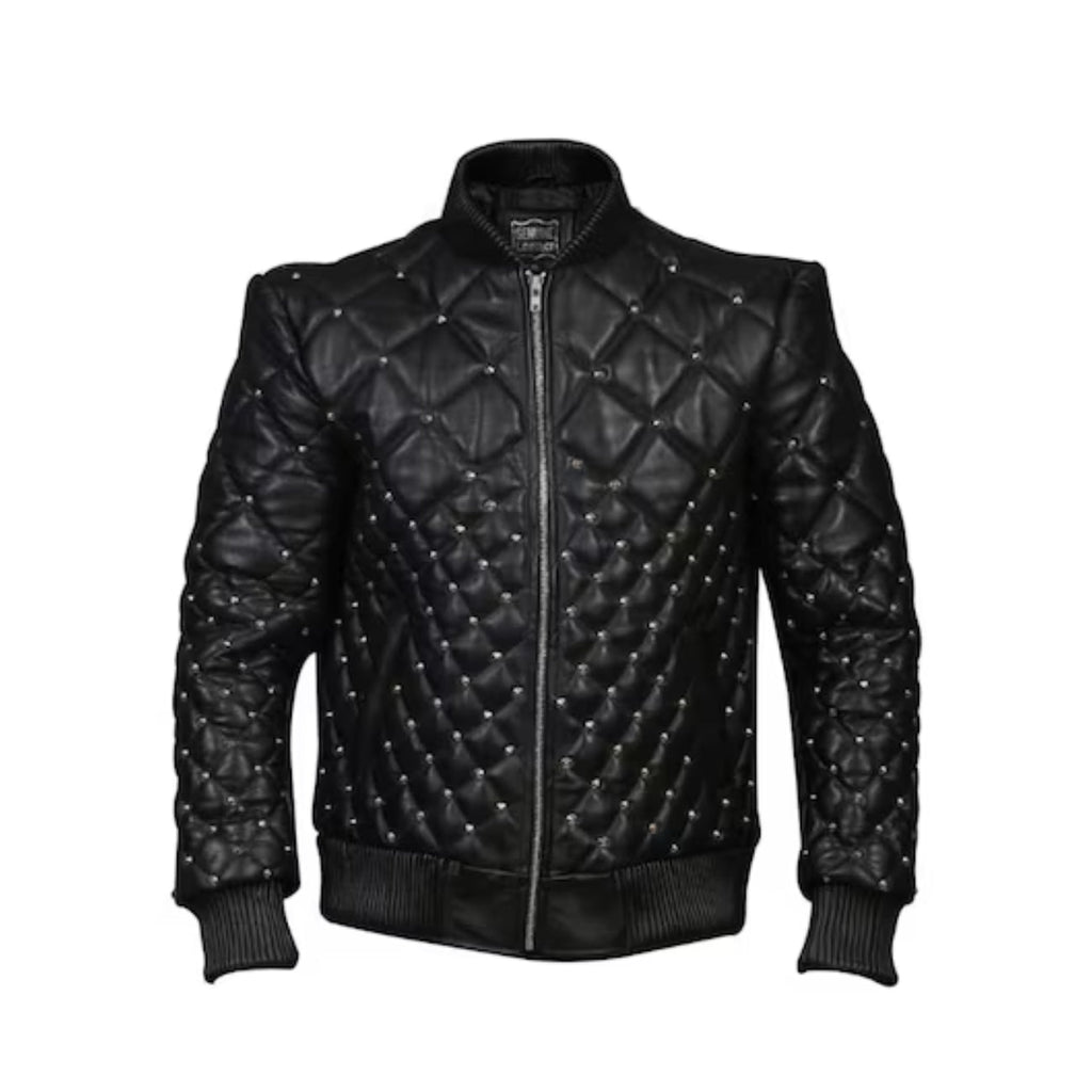 Handmade Men Black Studded Quilted Leather Jacket