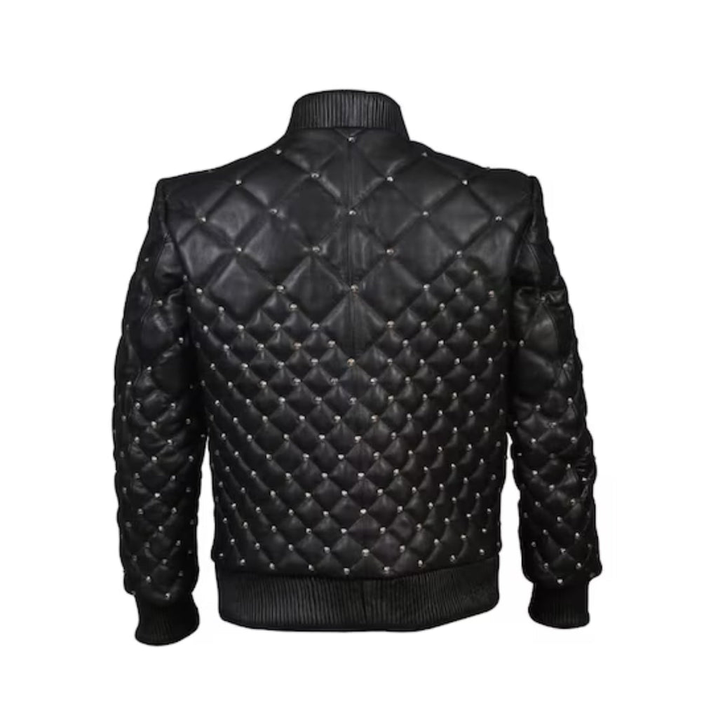 Handmade Men Black Studded Quilted Leather Jacket
