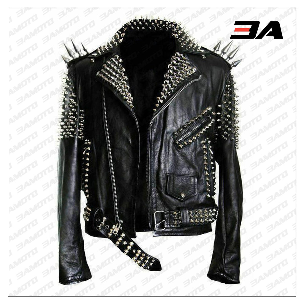 Handmade Mens Black Fashion Long Studded Punk Style Leather Jacket