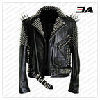 Handmade Mens Black Fashion Long Studded Punk Style Leather Jacket